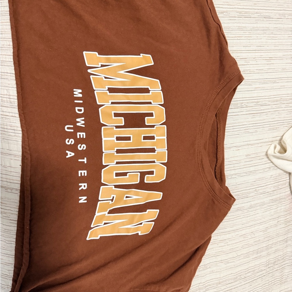 SHEIN Brown Crop Top with Yellow 'MICHIGAN' Print